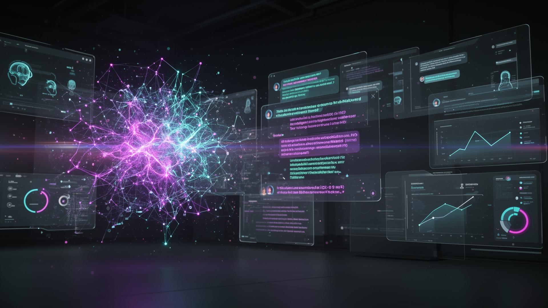 Futuristic AI command center with unstable neural systems and fragmented intelligence streams