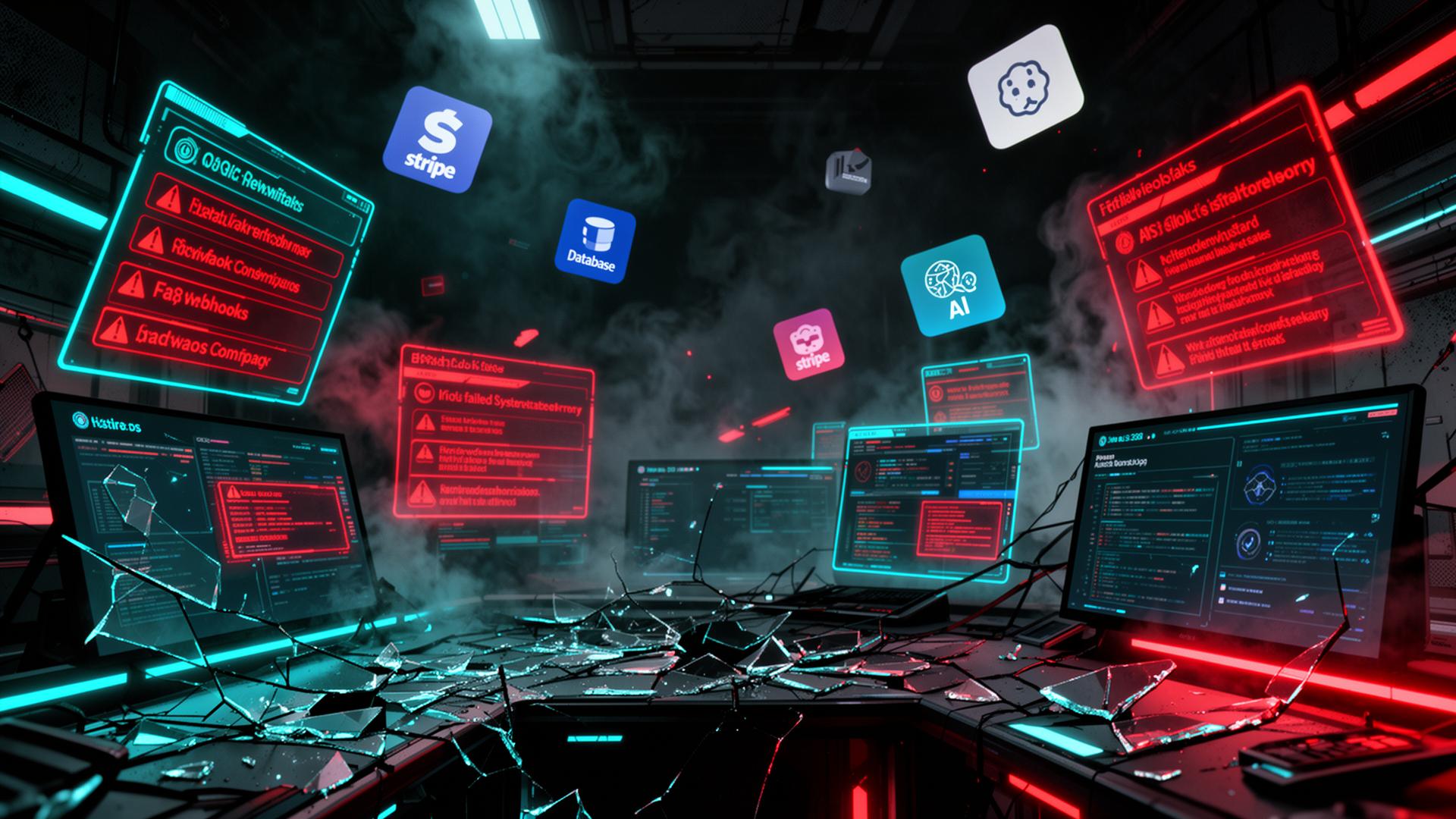 Broken API connections floating in a futuristic command center