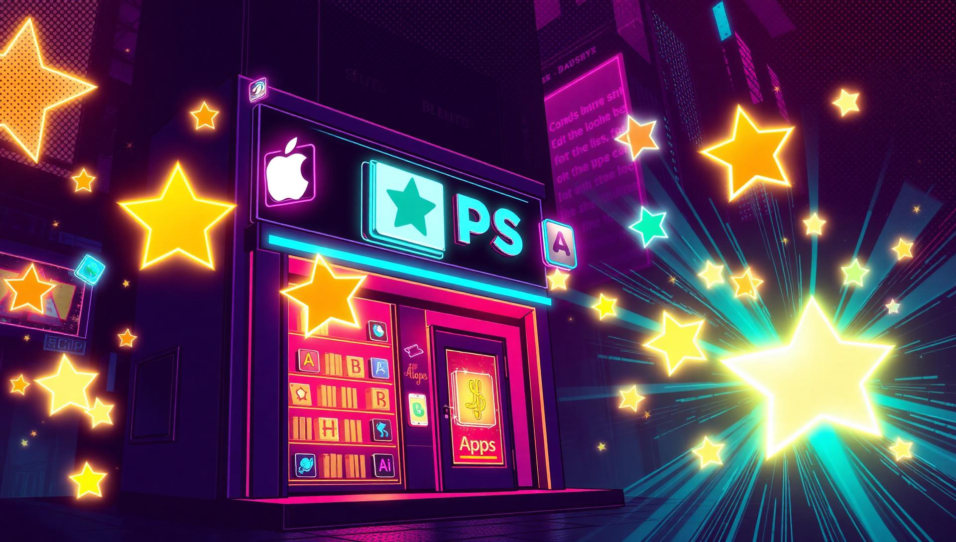Neon app store storefront with exploding review stars and floating app icons