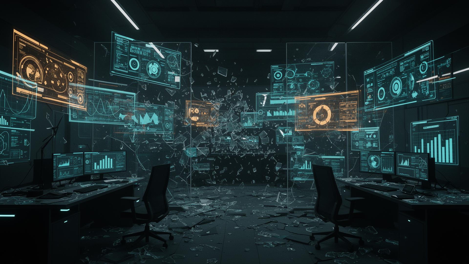 Futuristic mission control room with fragmented holographic dashboards and broken admin panels