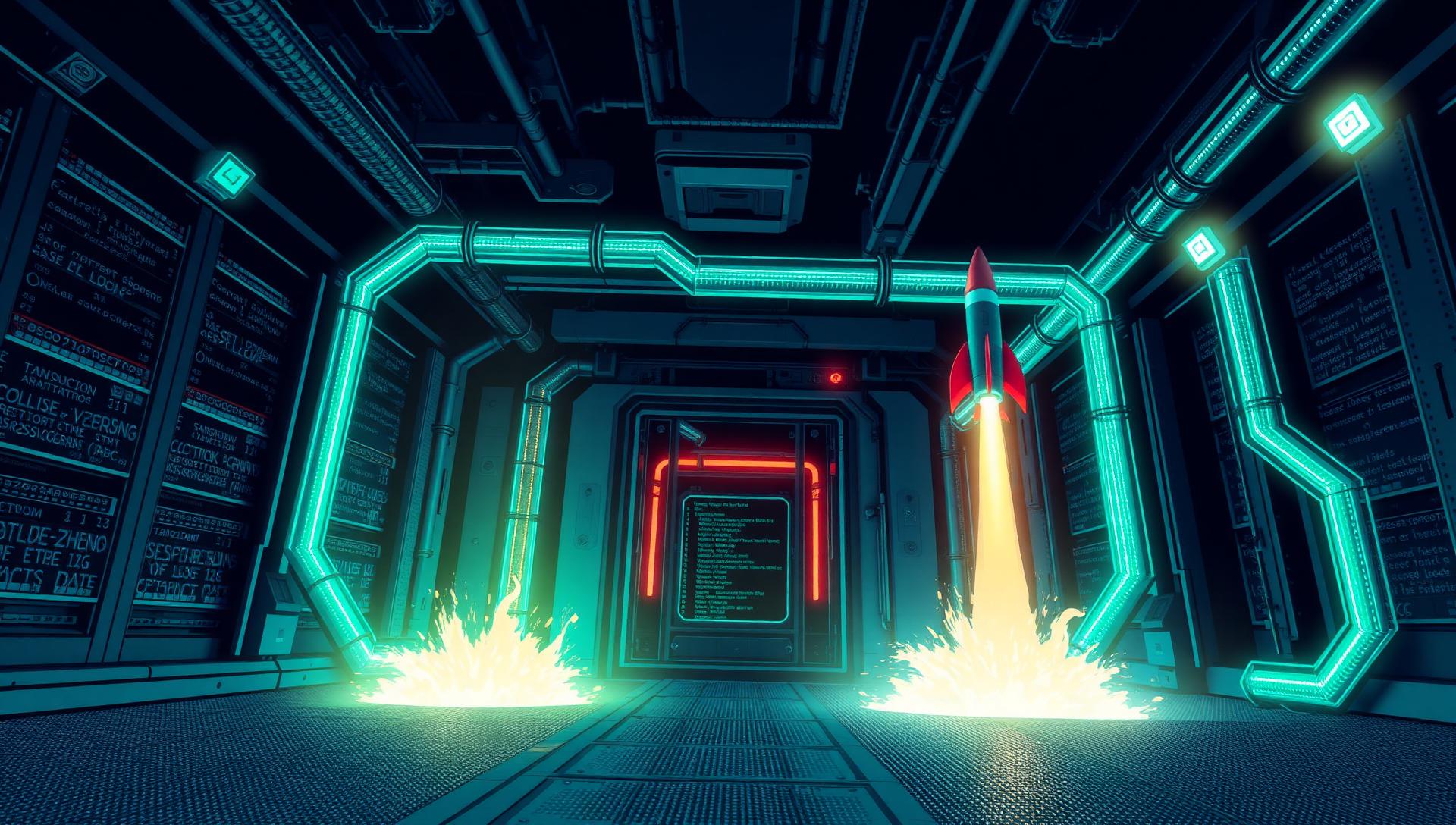 Futuristic deployment bunker with glowing pipelines and launching code rockets