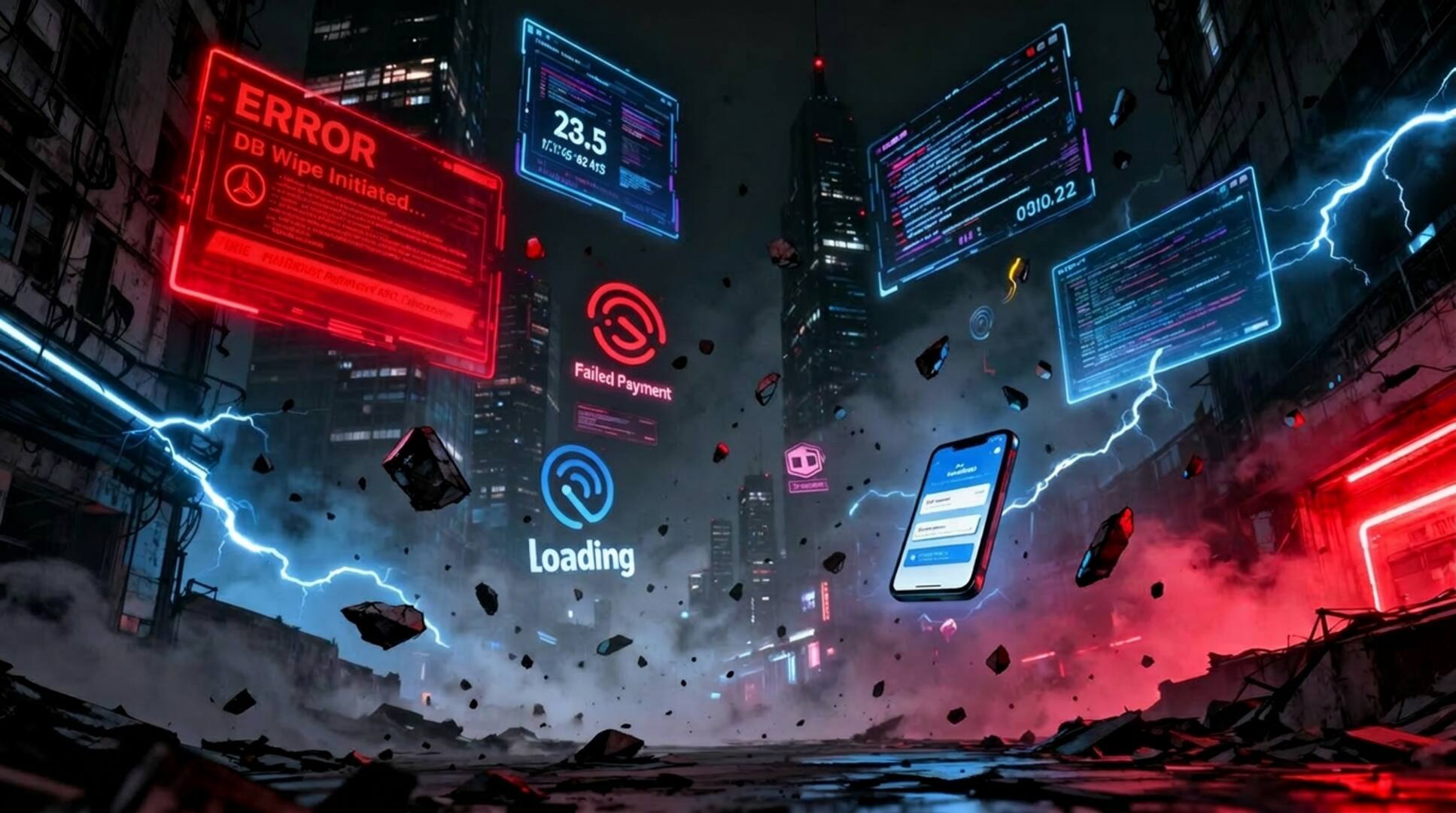 A chaotic futuristic city filled with broken digital interfaces and floating errors