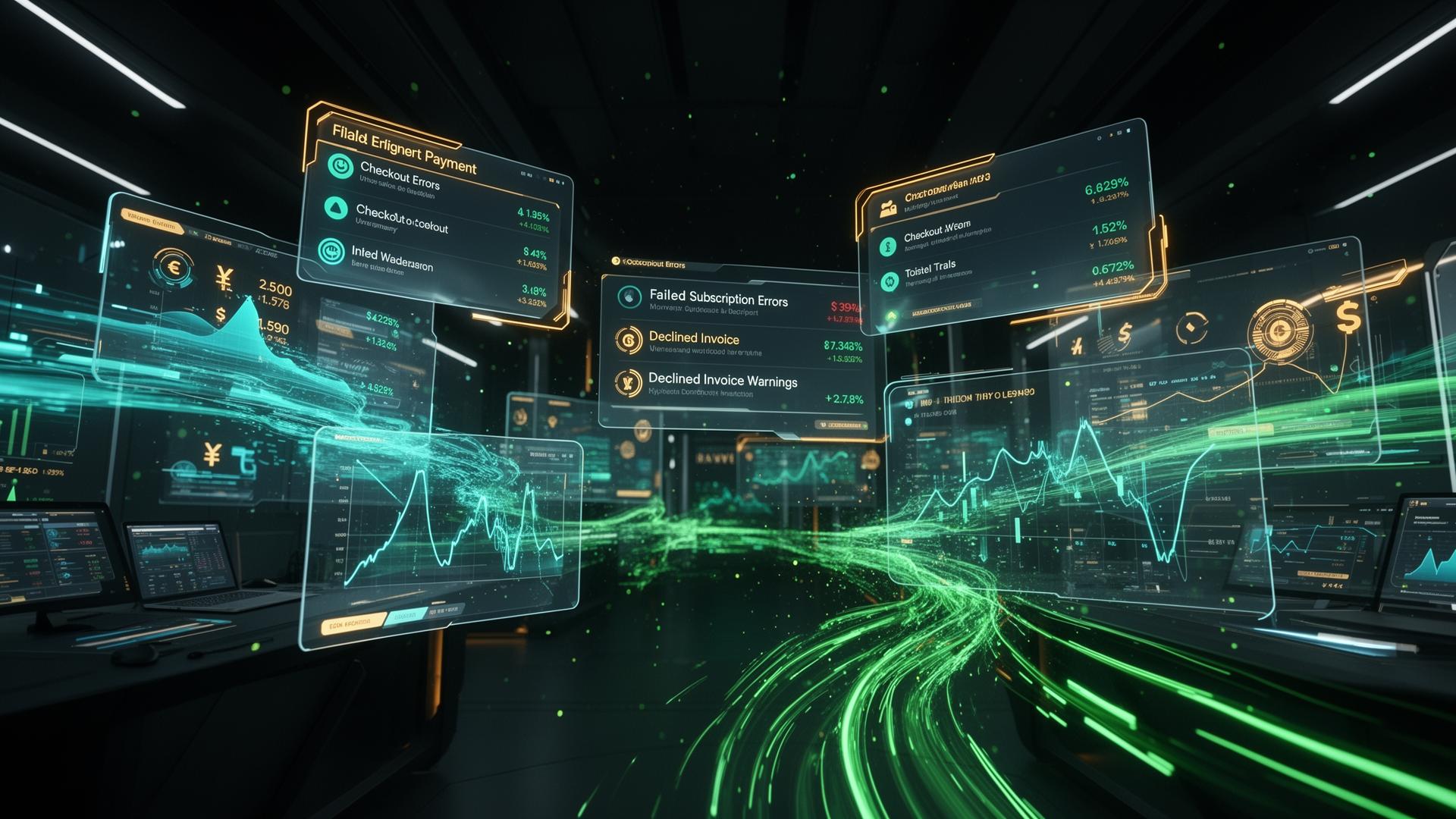 Futuristic financial command center with glowing payment streams and broken transactions
